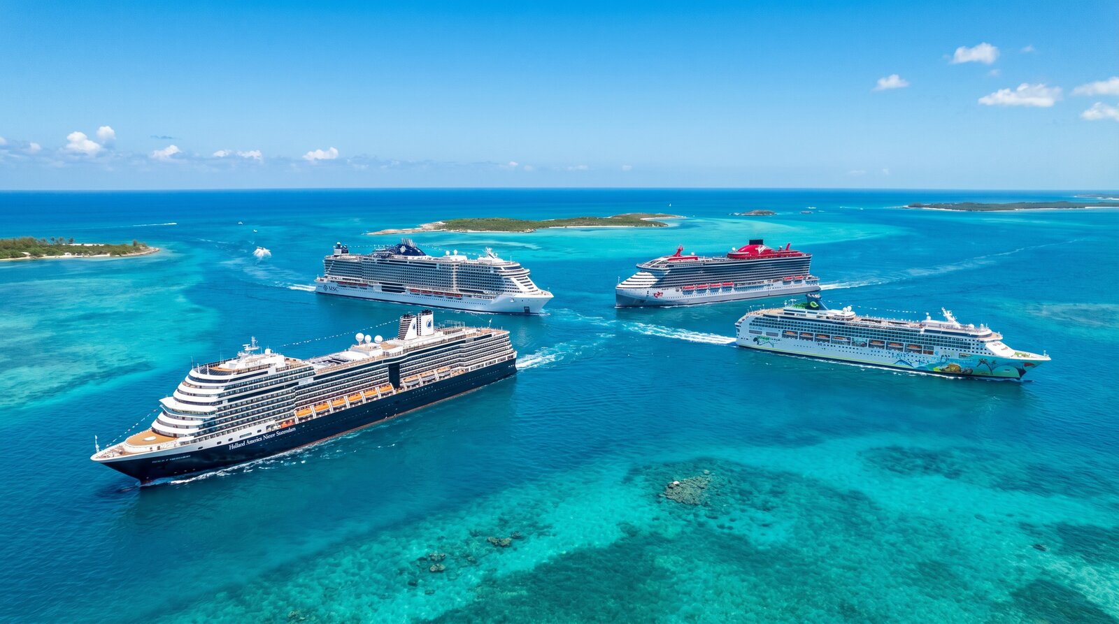 Holland America, MSC, Virgin Voyages and Margaritaville cruise ships on brilliant turquoise tropical waters