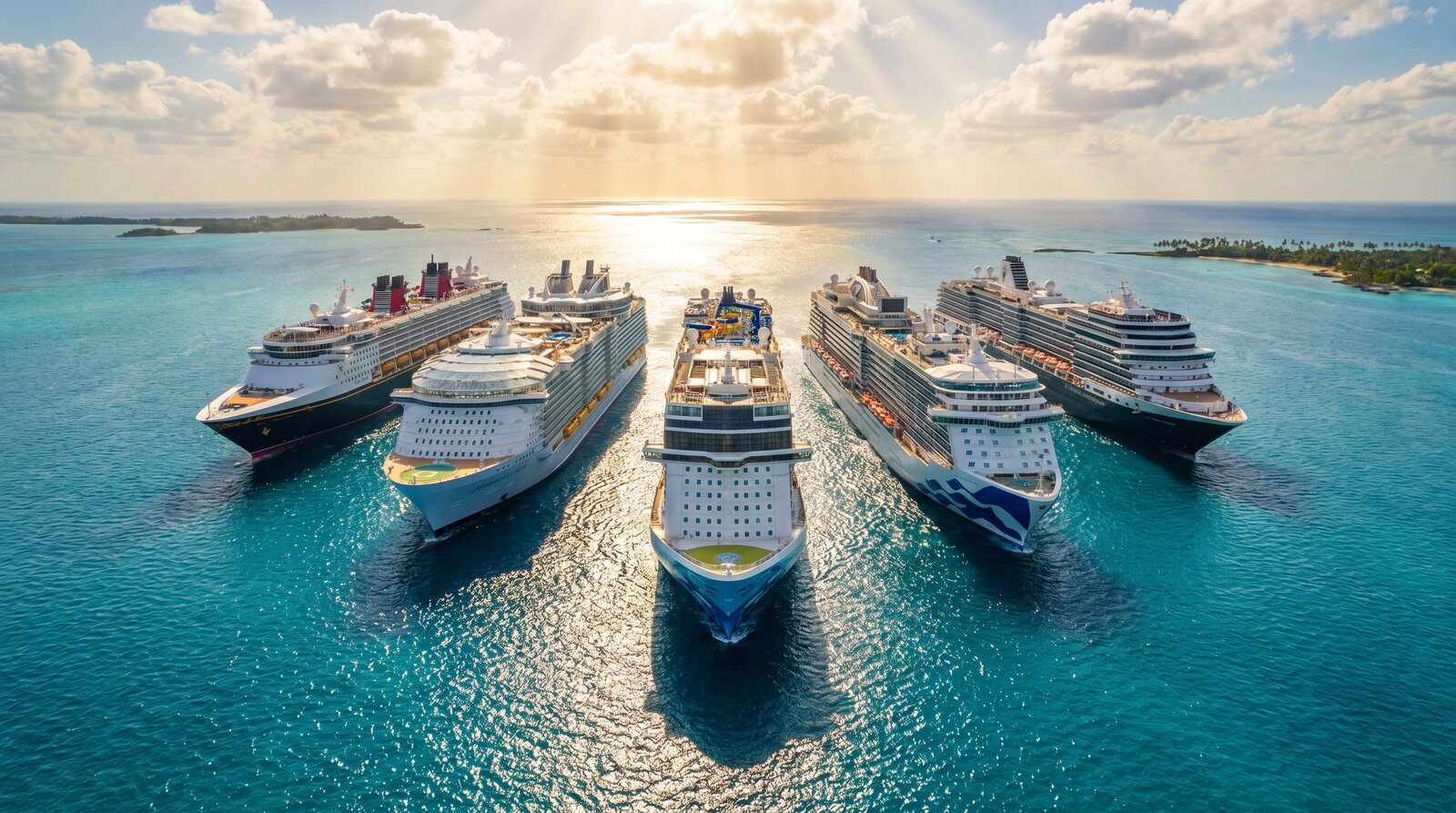 Five luxury cruise ships sailing in formation on crystal clear tropical waters