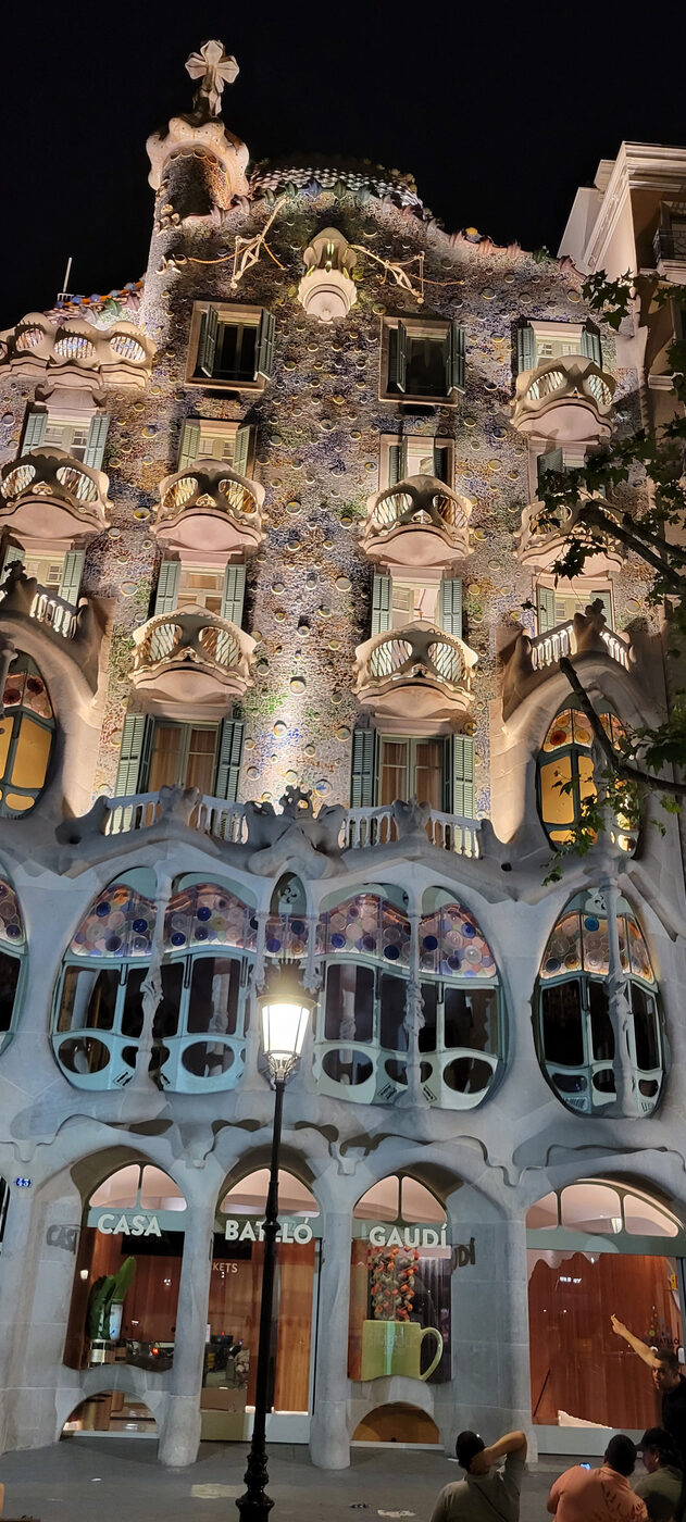 Casa Batlló by Gaudí lit up at night in Barcelona