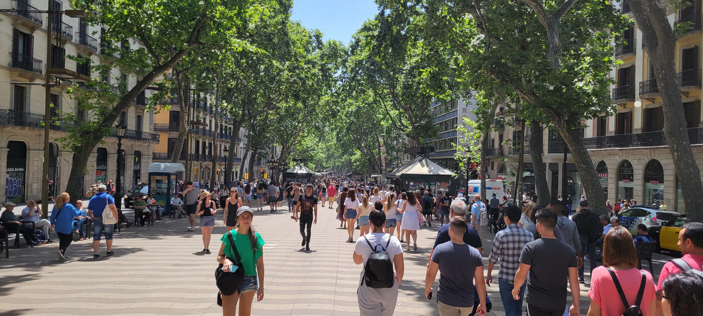 La Rambla tree-lined pedestrian boulevard in Barcelona