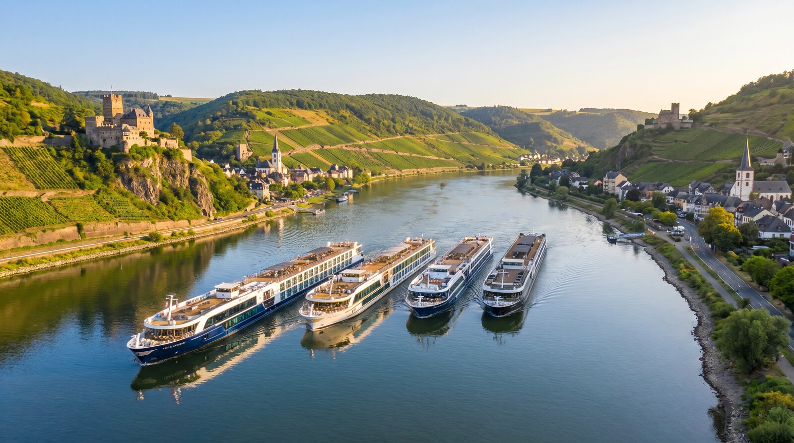Viking, AMA Waterways, Avalon and Scenic river cruise ships sailing along a scenic European river